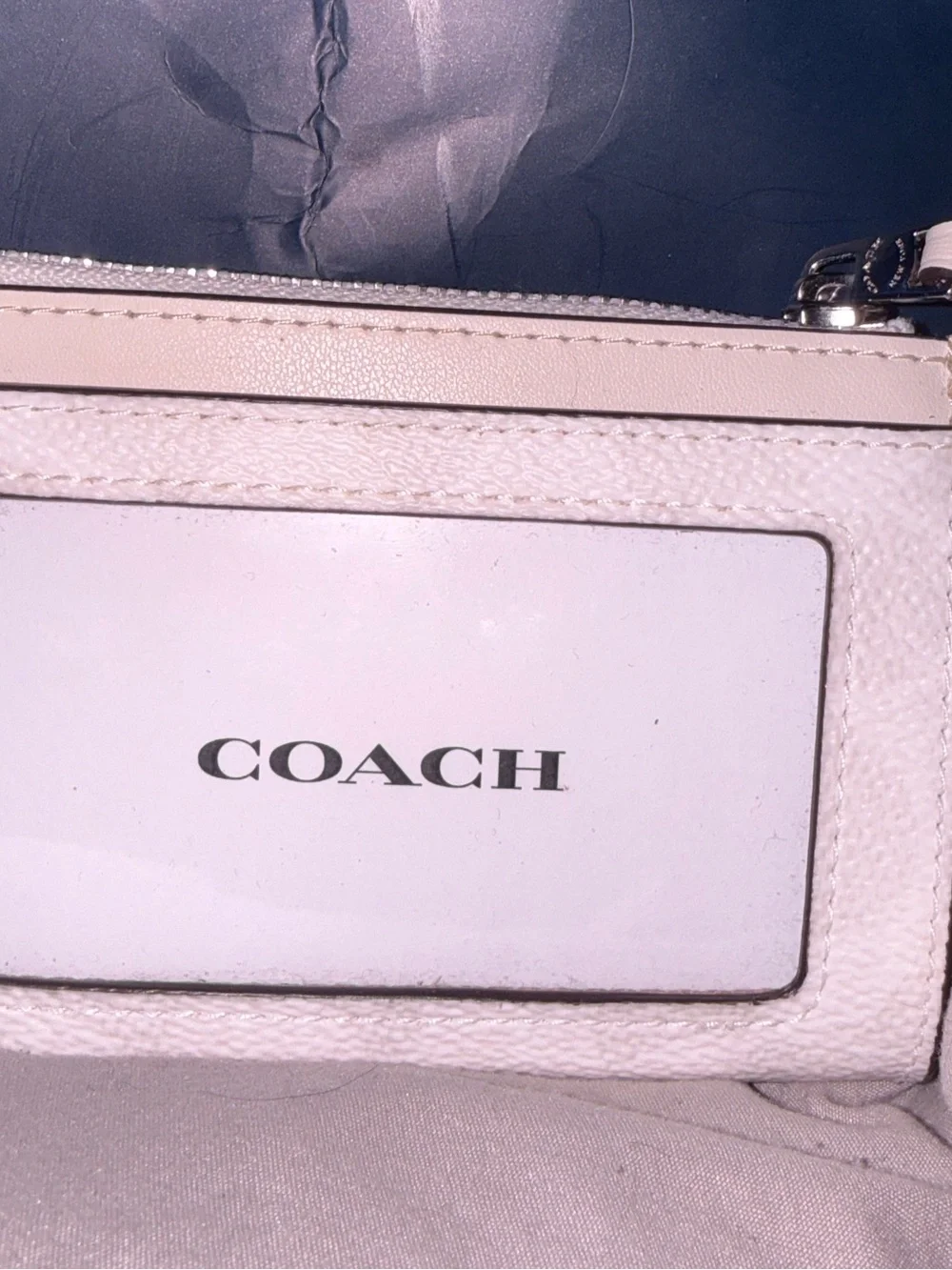 Coach Mini Skinny ID Case Chalk & Silver Leather Card Holder with Keyring, nwt